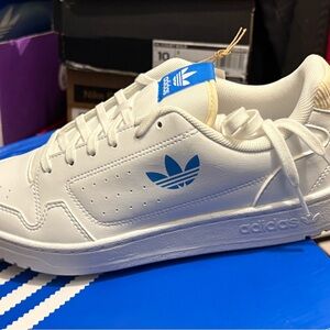 Adidas White Sneakers with Blue Logo